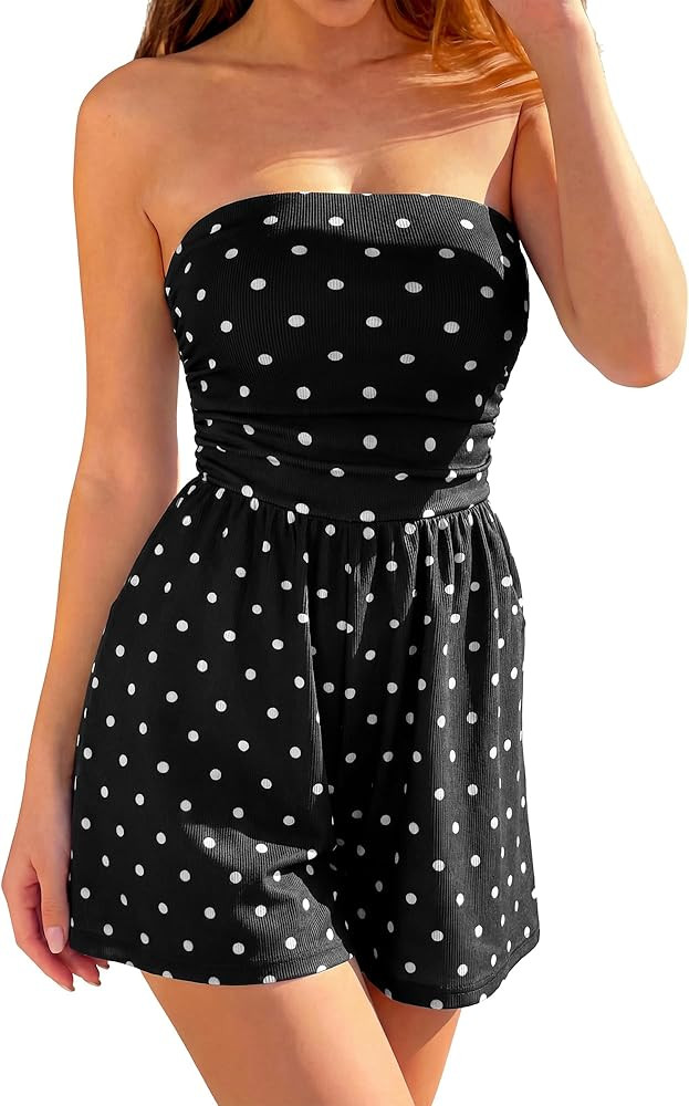 BTFBM Romper For Women 2026 Spring Strapless Printed Tube Boho Wide Leg Beach Short Jumpsuit Summ... | Amazon (US)