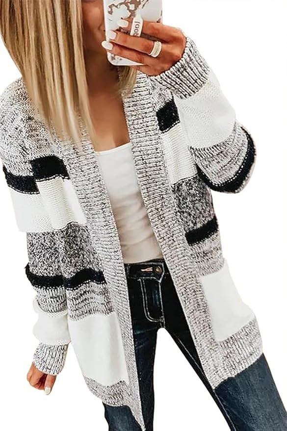 GeGekoko Womens Color Block Cardigan Sweaters Long Sleeve Open Front Loose Knitted Sweater Coat O... | Amazon (US)