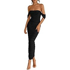 PRETTYGARDEN Womens 2025 Summer Off The Shoulder Dress Ruched Bodycon Sleeveless Split Cocktail P... | Amazon (US)