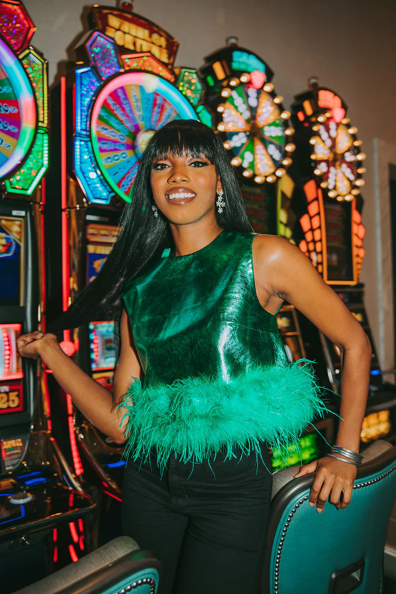 BuddyLove | Queenie Metallic Feather Trim Top | Emerald | BuddyLove