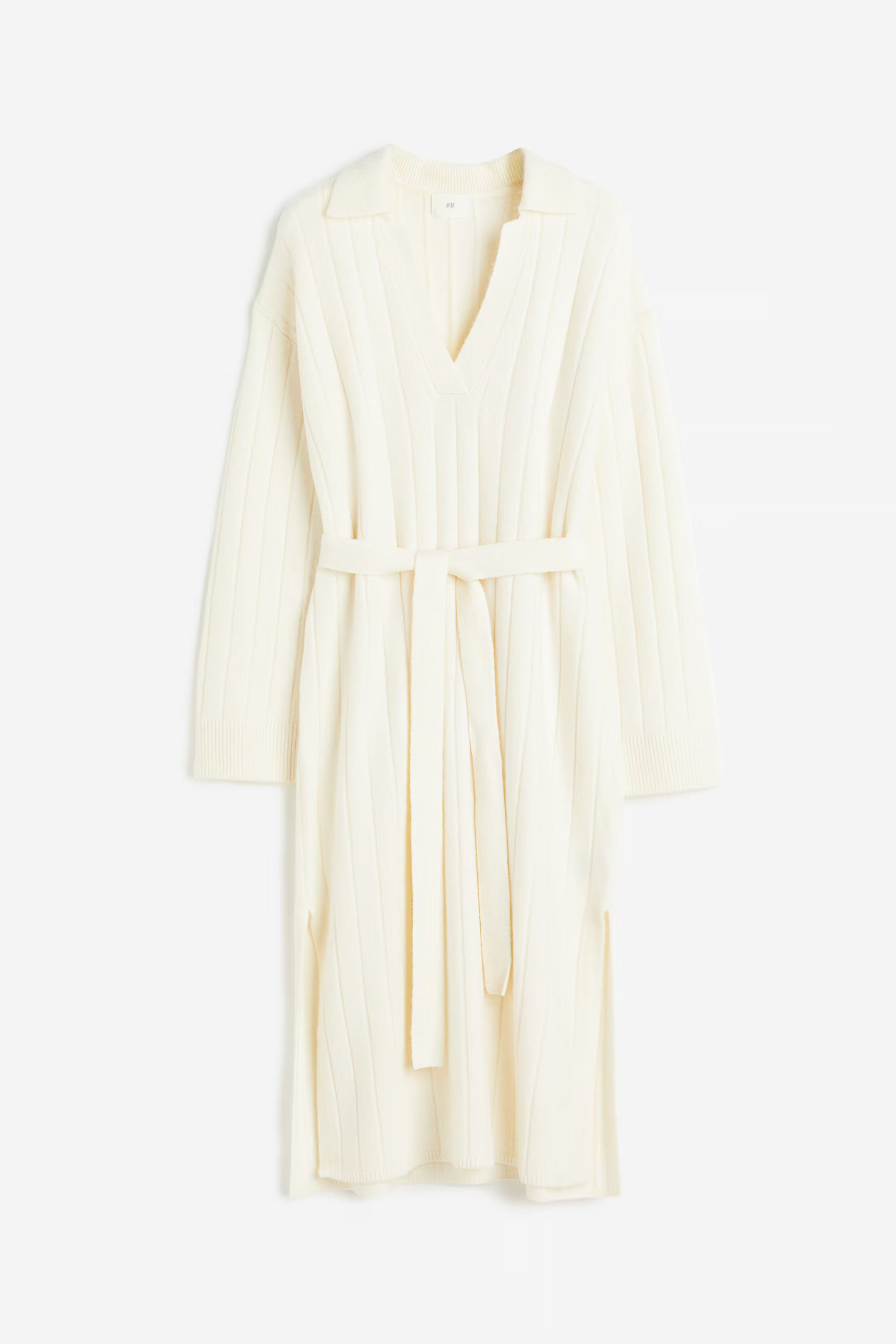 Rib-knit Dress with Collar - Long sleeve - Midi - Cream - Ladies | H&M US | H&M (US + CA)