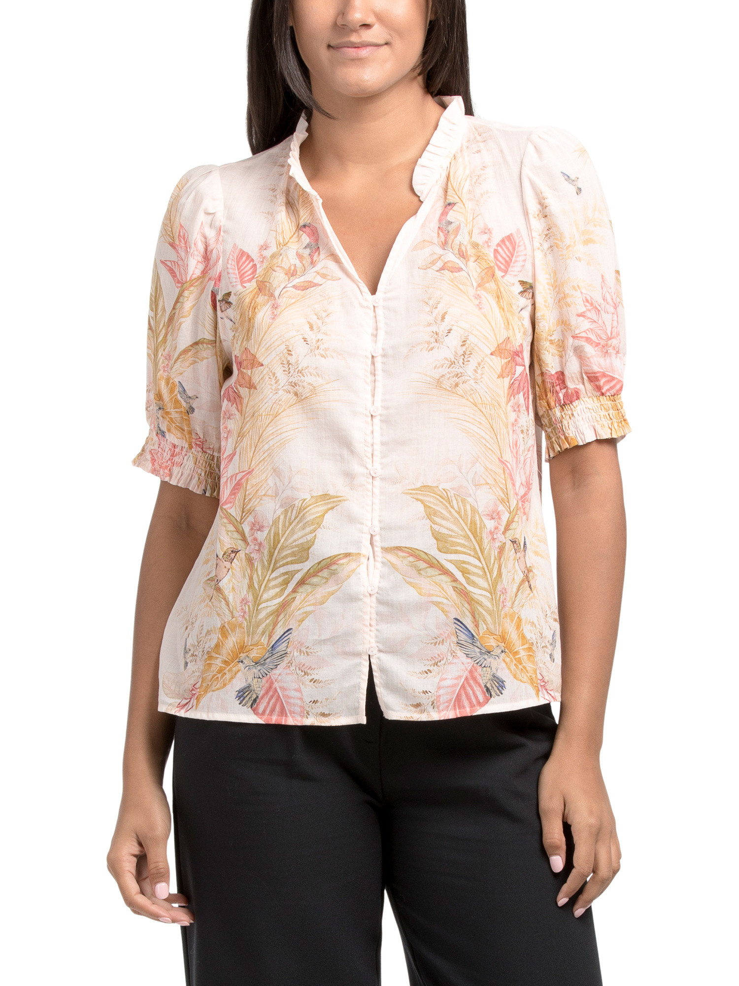 Voile Button Up Blouse With Ruffle Trim | TJ Maxx