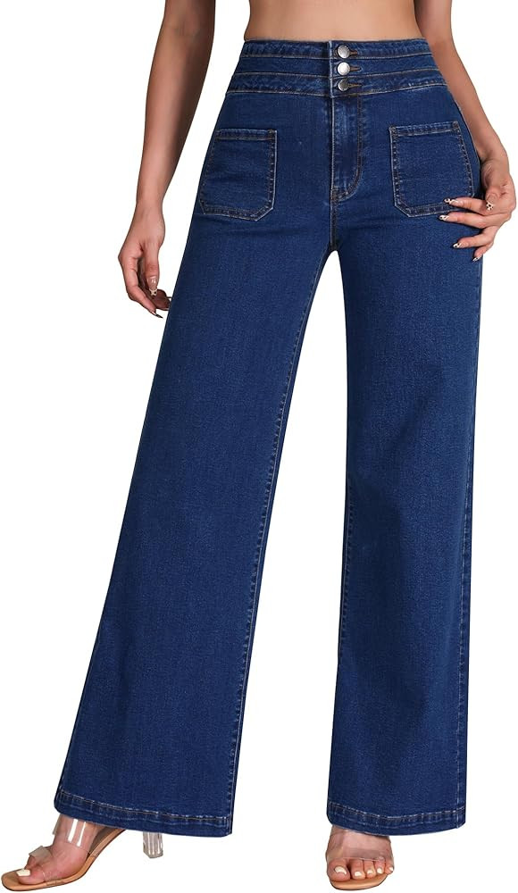 roswear Wide Leg Jeans Woman High Waist Stretchy Loose Denim Pants | Amazon (US)