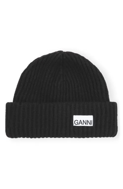 Ganni Structured Rib Wool Blend Beanie in Black at Nordstrom | Nordstrom