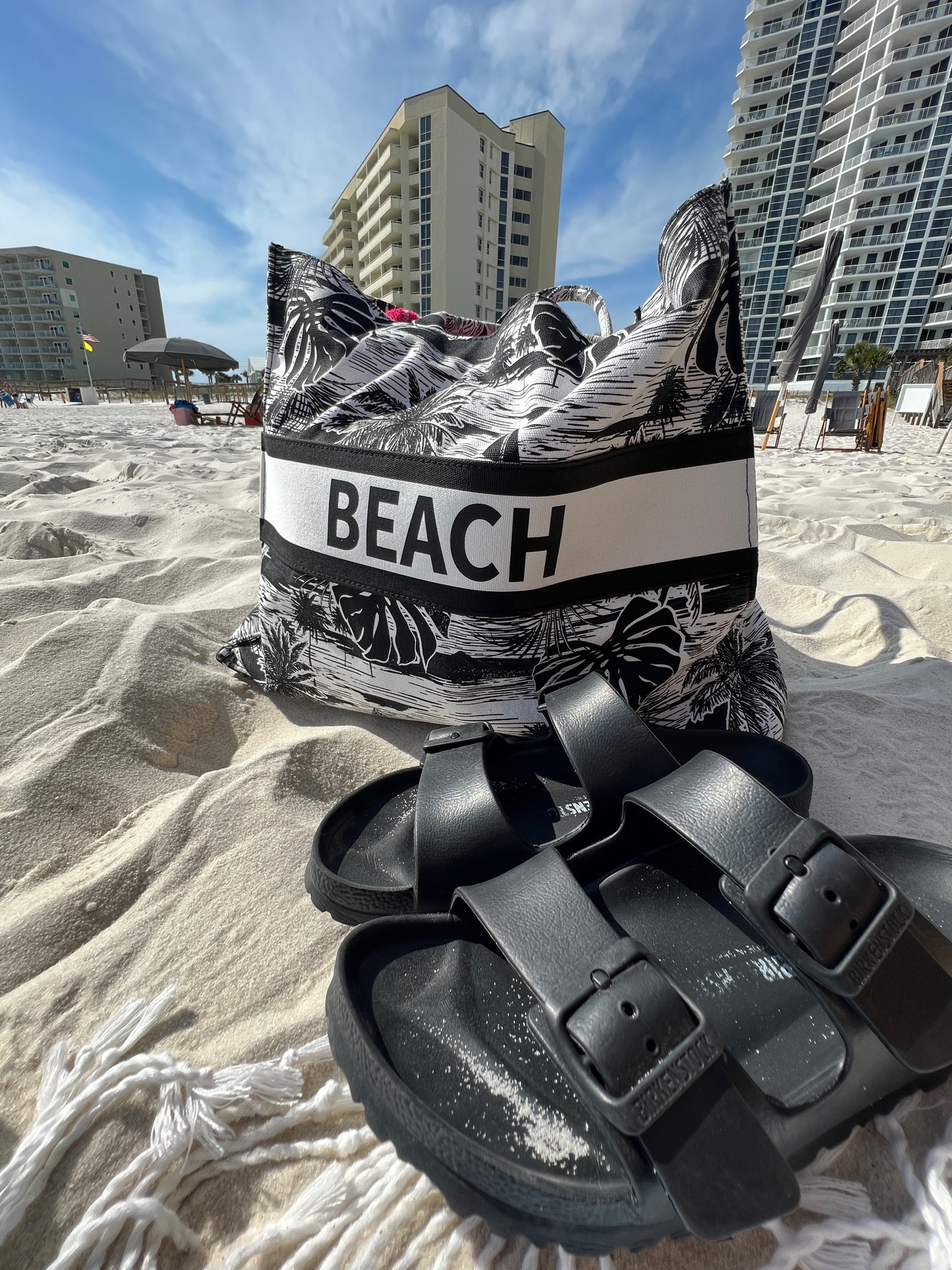 Beach bag and Birkenstocks 🖤 | birks | Birkenstock | beach bag | beach tote | tote bag | beach | bag | tote | summer | vacation | sandals | everyday sandals | casual sandals | 

#LTKunder50 #LTKitbag #LTKshoecrush