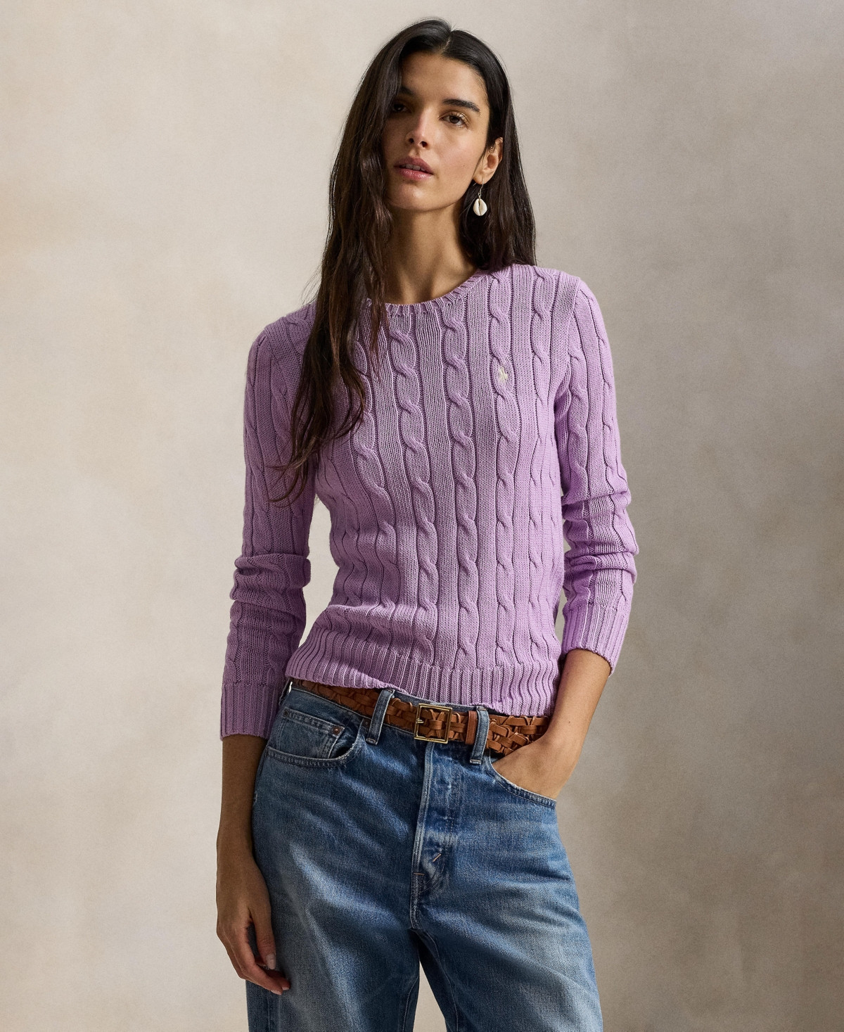 Polo Ralph Lauren Women's Cable-Knit Cotton Crewneck Sweater - Bright aster | Macy's
