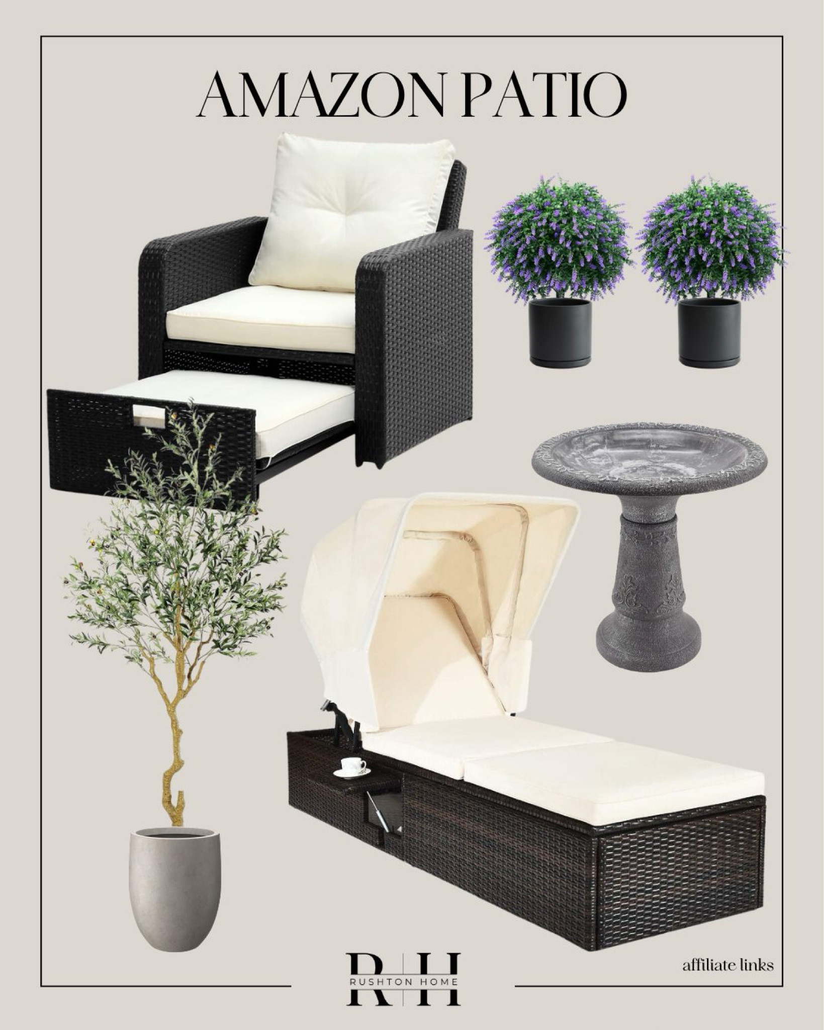 Amazon Patio Finds! These are the perfect loungers for relaxing!! 

Birdbath, olive tree, lounger with shade, lavendar plants, patio chair with built in ottoman 

#LTKHome