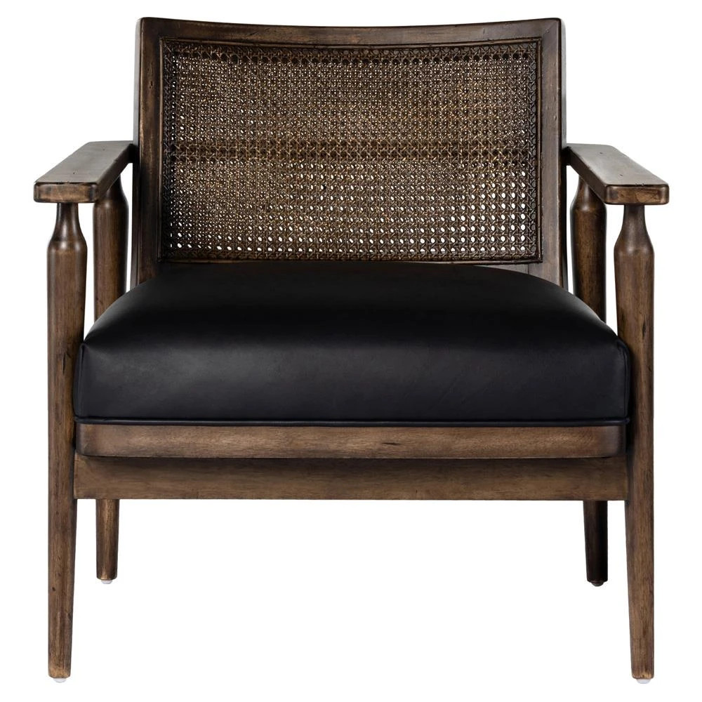 Xander Rustic Lodge Brown Woven Cane Black Leather Seat Occasional Arm Chair | Kathy Kuo Home