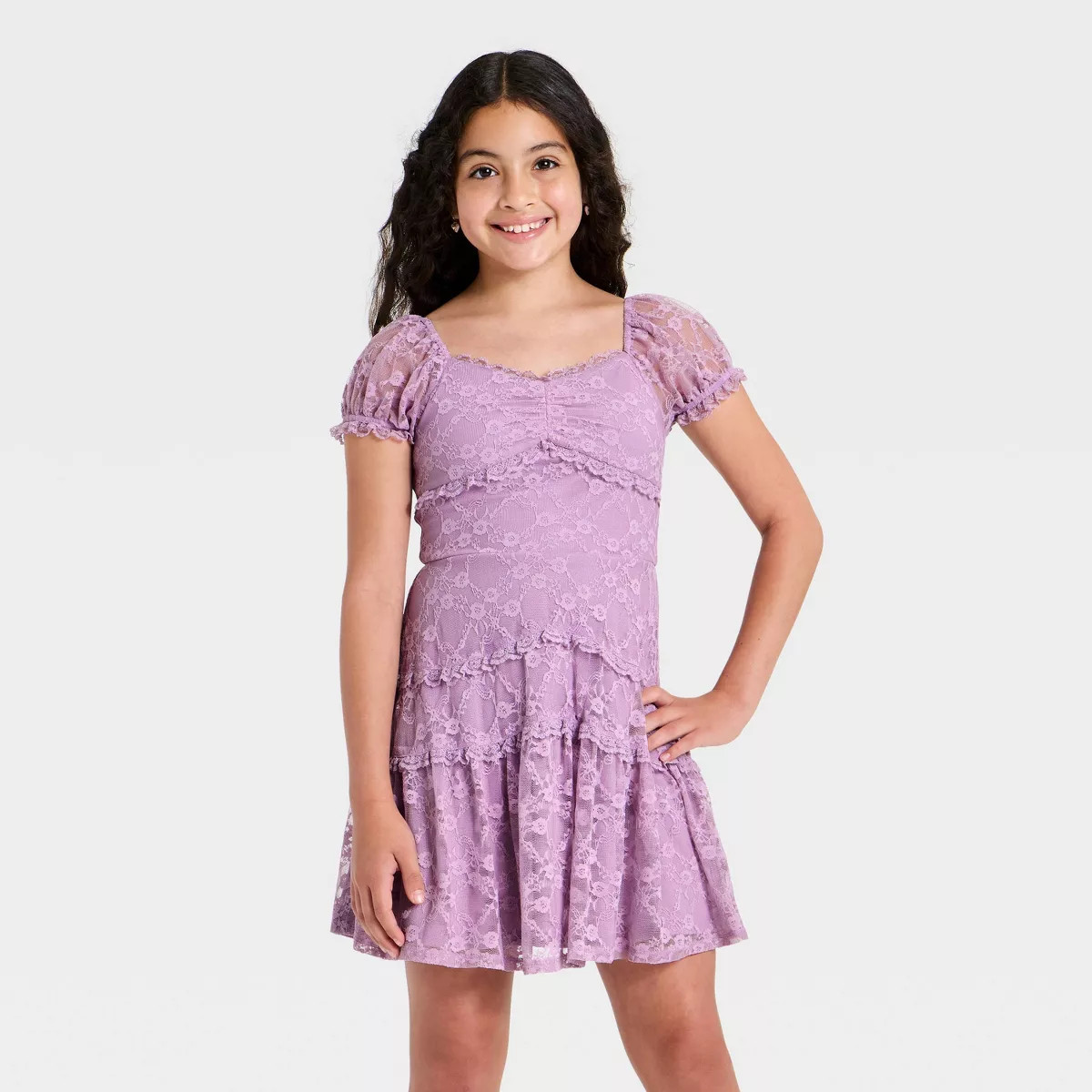 Zenzi Girls' Puff Short Sleeve Tiered Lace Dress - Purple XS | Target