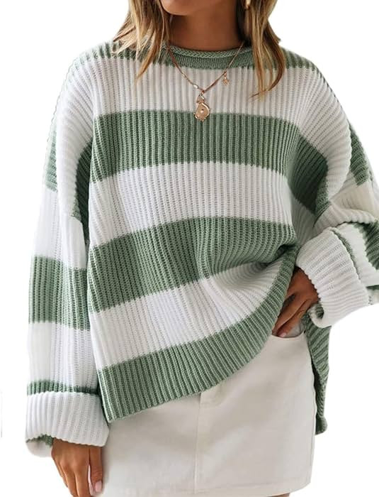 ZESICA Women's 2024 Fall Long Sleeve Crew Neck Striped Color Block Comfy Loose Oversized Knitted ... | Amazon (US)