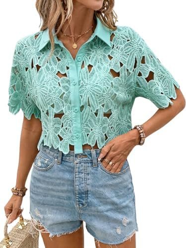 SOLY HUX Women's Floral Lace Cropped Blouses Hollow Out Crop Tops Blouse Short Sleeve Button Down... | Amazon (US)