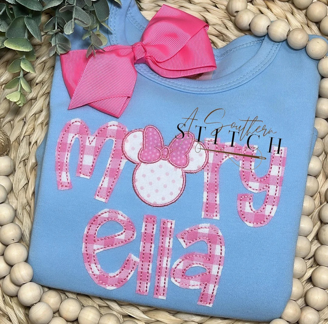 Girl Mouse Ears Name Appliqué | Pink Gingham - Etsy | Etsy (US)