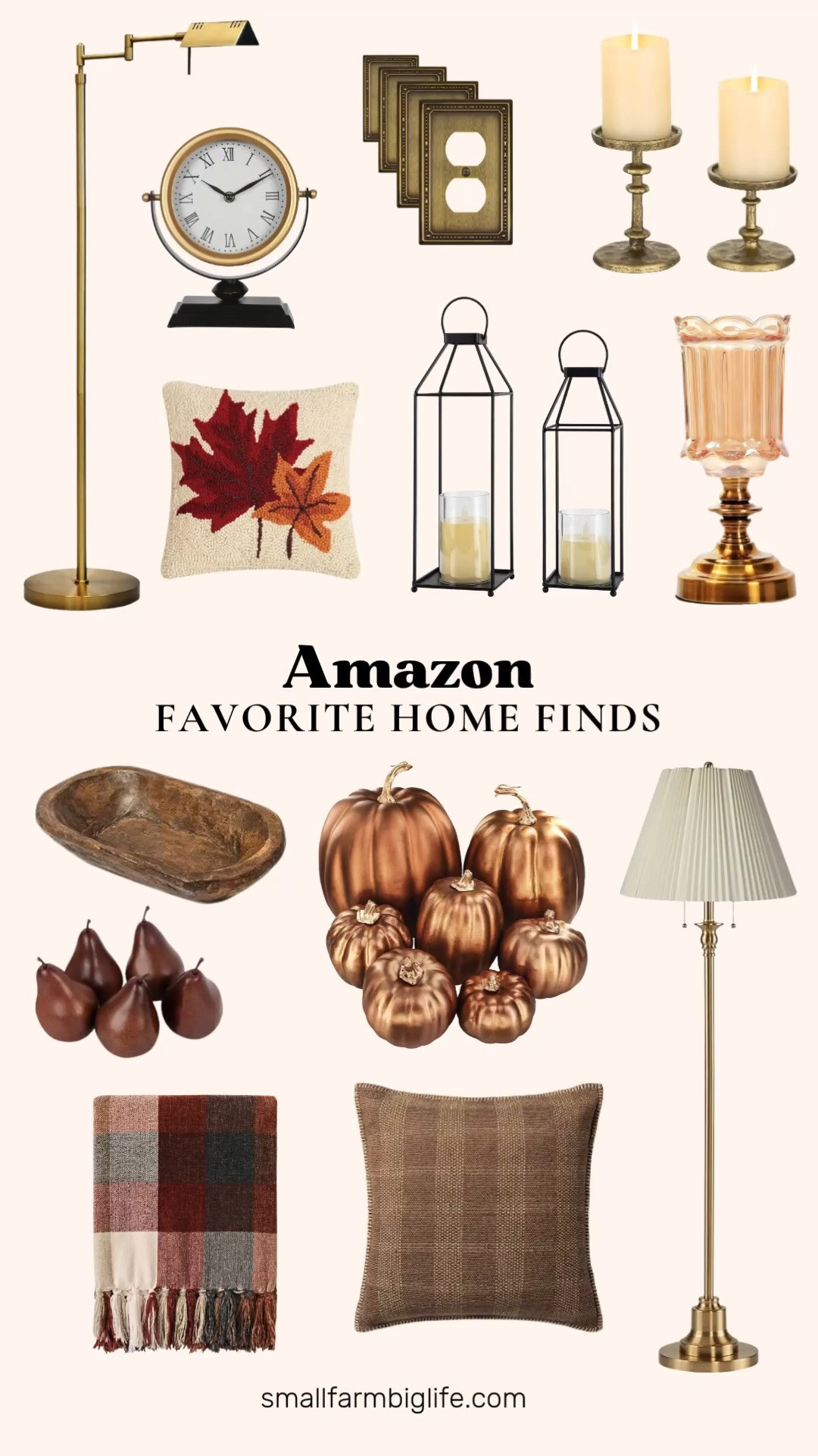 Antique gold and brass finishes are stealing the show in home decor this fall, and this lineup has some beautiful statement pieces along with easy seasonal accents. The O'Bright dimmable pharmacy floor lamp and the 360 Lighting knife pleat shade floor lamp both bring a warm, traditional glow to a reading nook or living room corner.

Small vintage touches make a big impact too. The NUPTIO hammered cast iron candle holders and the Victorian style gold brass flower vase both have that old money, collected over time look. The gold analog mantel clock and the antique brass switch plate covers are simple ways to bring that same warm metallic detail into everyday spaces.

For fall specific styling, the metallic bronze artificial pumpkins and the faux brown pears are easy, low maintenance ways to fill a bowl or style a tiered tray. The Spanish oak decorative bowl adds a natural wood texture that pairs beautifully with either. The fall leaves hook pillow and the brown and tan plaid pillow cover bring in soft, seasonal color for a sofa or bed, and the harvest orange chenille throw blanket is the ultimate cozy layer for movie nights.

Finish the space with the black metal outdoor lanterns with LED candles for a warm, flicker free glow on a porch or patio table.

#amazonhome #falldecor #amazonfinds #vintagehome #fallhome 

 #LTKSeasonal #LTKHome