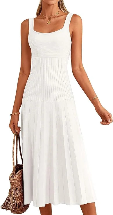 PRETTYGARDEN Spring Dresses for Women Summer Casual Sleeveless Square Neck A Line Knit Pleated Mi... | Walmart (US)