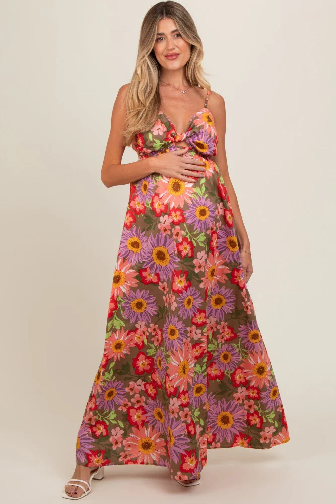 Olive Floral Cutout V-Neck Maternity Maxi Dress | PinkBlush Maternity