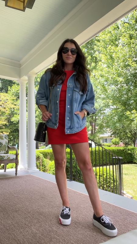 The cutest red dress for summer. Fits tts and has a shelf bra in it!!! Denim jacket fits big. Vans are soldout but there is a similar pair! This bag is the best I have it in 2 colors!! #meandmrjones 

#LTKFindsUnder100 #LTKSaleAlert #LTKFindsUnder50