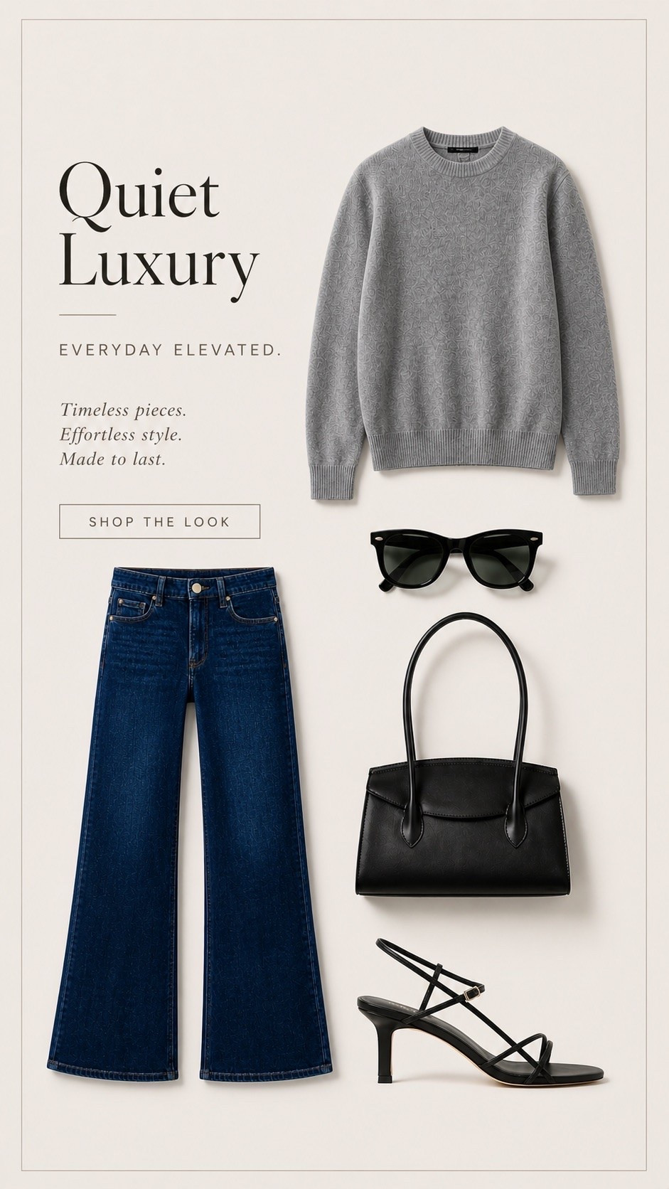 Quiet luxury outfit formula from @quince that always works. Grey knit sweater, dark wide leg jeans, classic black heels, structured leather bag, and timeless sunglasses for an elevated everyday look. Effortless, minimal style you can wear on repeat from day to night.#quincepartner