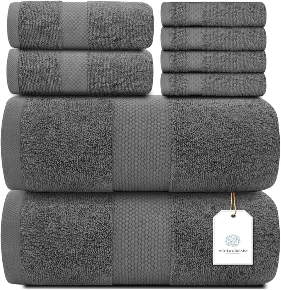 White Classic Luxury Grey Bath Towel Set - Combed Cotton Hotel Quality Absorbent 8 Piece Towels |... | Amazon (US)