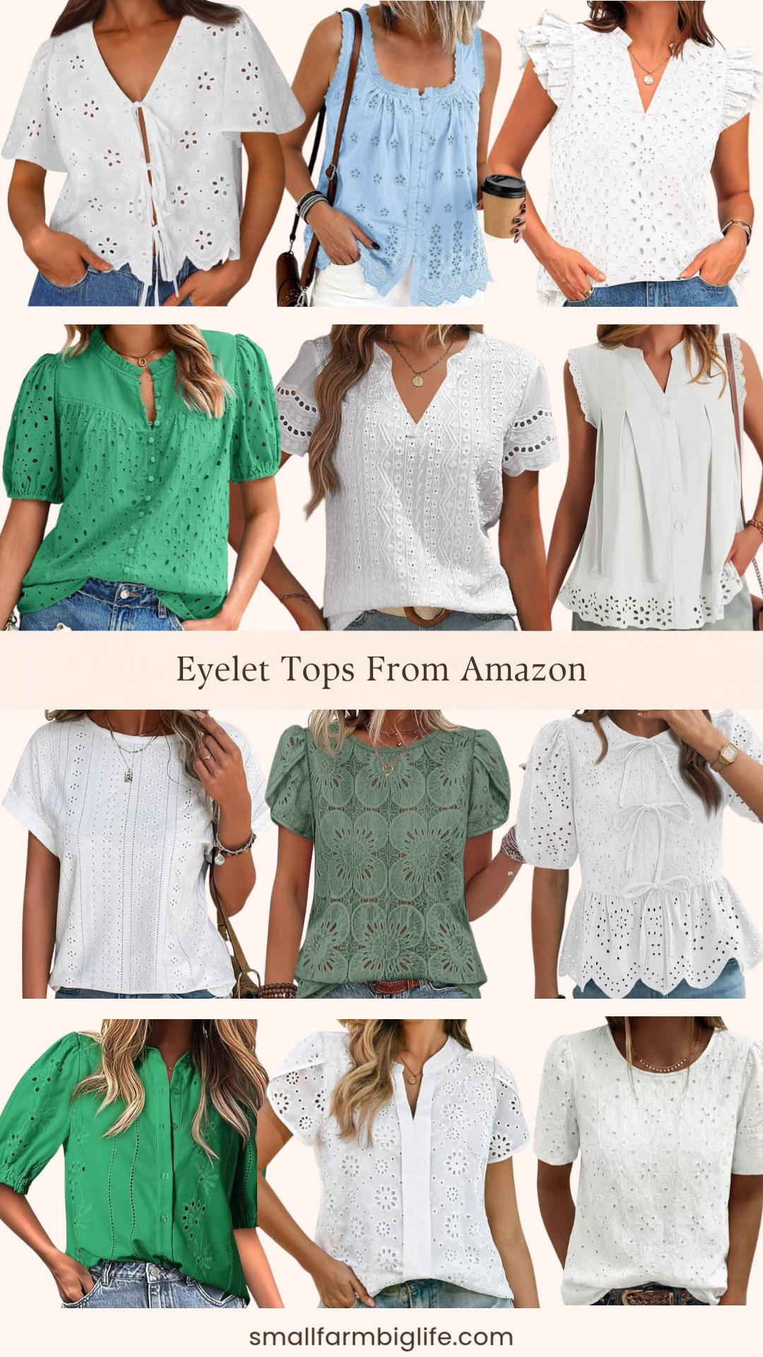 Eyelet tops from Amazon and this trend is absolutely everywhere right now for good reason 🌿✨ I rounded up my favorites: a white short sleeve crewneck embroidered eyelet top, a white puff sleeve peplum babydoll tie front eyelet blouse, a green short sleeve button up hollow out eyelet lace embroidered blouse, a white short sleeve button front eyelet spring summer top, a sage green dressy casual petal short sleeve crochet lace boho top, a light blue embroidered eyelet tank button down blouse, a white short sleeve tie front eyelet embroidered top, a white V neck short sleeve lace eyelet dressy casual blouse, a white eyelet embroidery top, a white eyelet tank V neck ruffle sleeveless button down loose fit top, a green casual eyelet embroidered short puff sleeve lace hollow out button shirt, and a white dressy casual V neck ruffle cap sleeve embroidered eyelet blouse. So many beautiful styles and so many ways to wear them. Try them with denim shorts, wide leg pants, linen trousers, or a maxi skirt for the most effortless spring and summer look. Every single one is from Amazon at an amazing price point. Everything is linked! 🛒 

 #LTKootd #LTKOver40 #LTKTravel