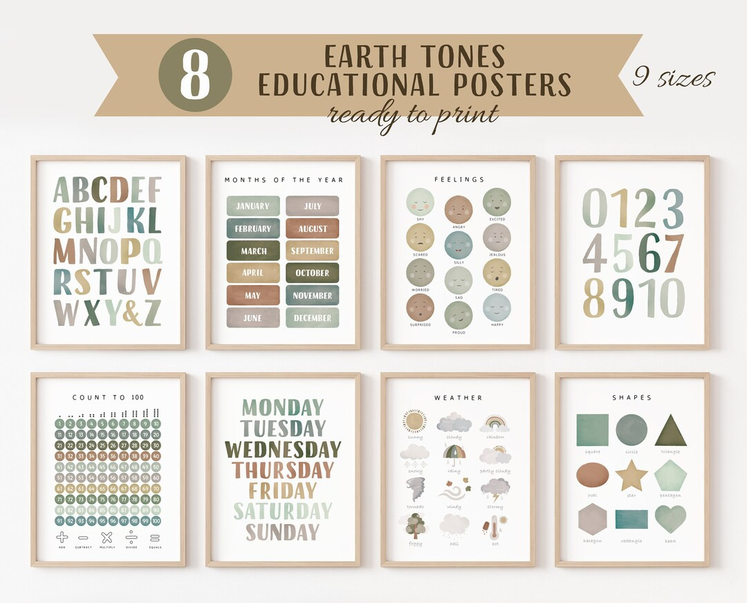 Set Of Educational Posters, 8 Homeschool Prints, Montessori Classroom Decor, Earth Tones Kids Dec... | Etsy (CAD)