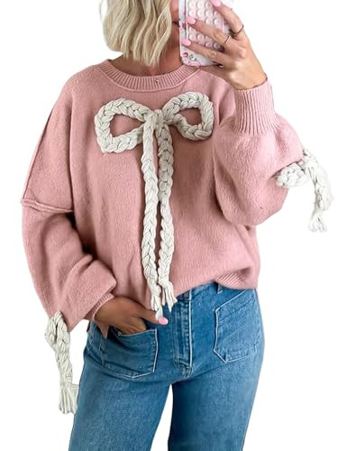 Wyeysyt Bow Sweater Women Oversized Knitted Pullover Sweaters Cute Chunky Crewneck Long Sleeve Pullover Tops(Pink-M) | Amazon (US)