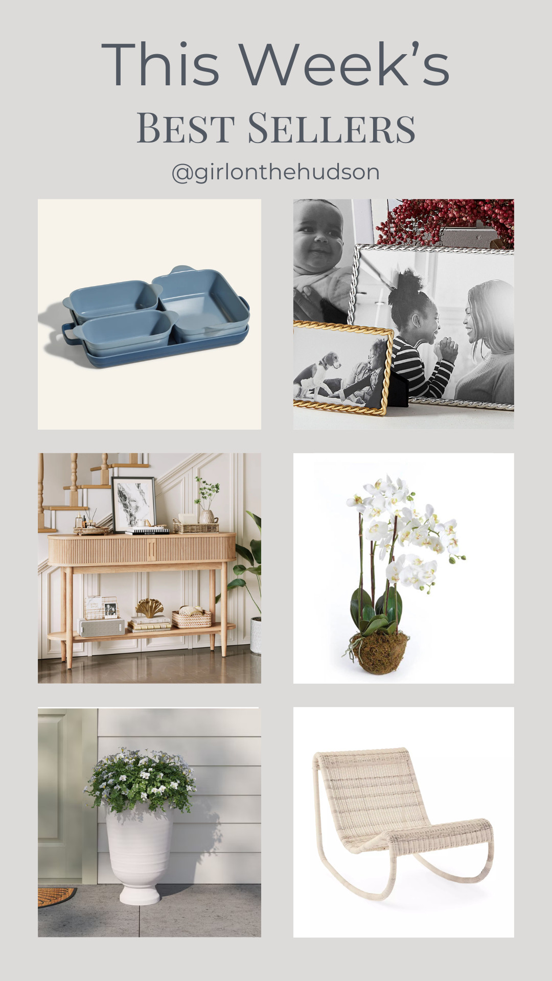 This week's best sellers: Our outdoor rockers from Serena & Lily (on sale!!), the prettiest planters under $50, a faux orchid that everyone will believe is real, an affordable console table, my favorite bakeware and cookware (on sale) and the prettiest rope picture frames in silver and brass. 

 #LTKSeasonal #LTKHome #LTKSaleAlert
