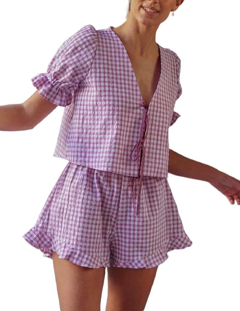 Women Plaid 2 Piece Pajama Shorts Set Tie Front Bow Short Sleeve Shirt with Gingham Shorts Pj Set... | Amazon (US)