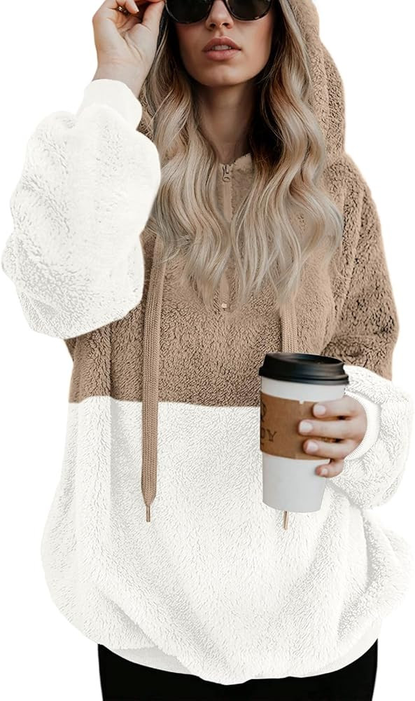 LONGYUAN Women Casual Hoodies Fashion Fuzzy Warm Pullover Sherpa Outerwear with Pockets | Amazon (US)