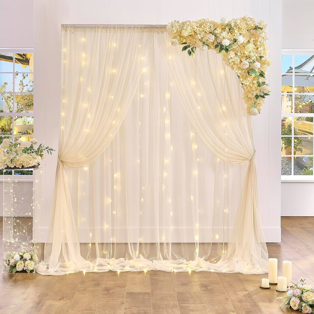 Champagne Tulle Backdrop Curtain with Lights String for Parites Wedding 10x8ft Champagne Sheer Br... | Amazon (US)