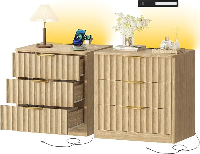 Fluted Nightstands Set of 2, Night Stand with Charging Station and LED Light, Nightstand with 3 S... | Amazon (US)