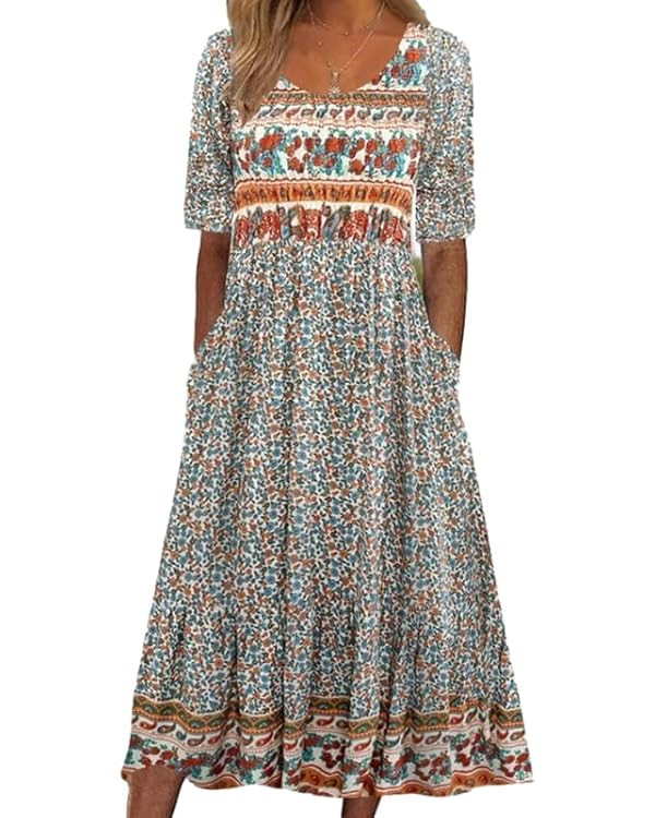 ZOCAVIA Womens Boho Floral Printed Maxi Dresses 2024 Summer Casual Loose Flowy Bohemian Vintage S... | Amazon (US)