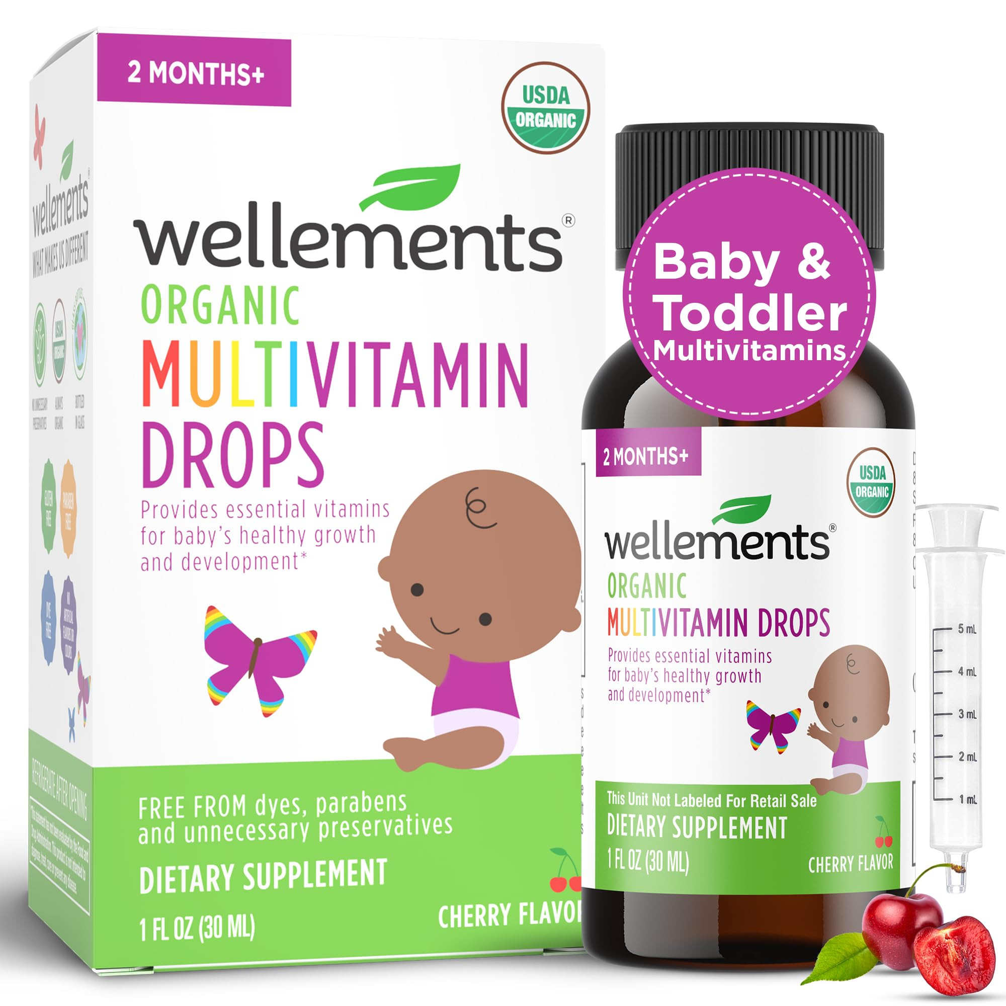 Wellements Organic Baby Multivitamin Drops (1 Fl Oz) - Cherry Flavor Liquid Multivitamins for Inf... | Amazon (US)
