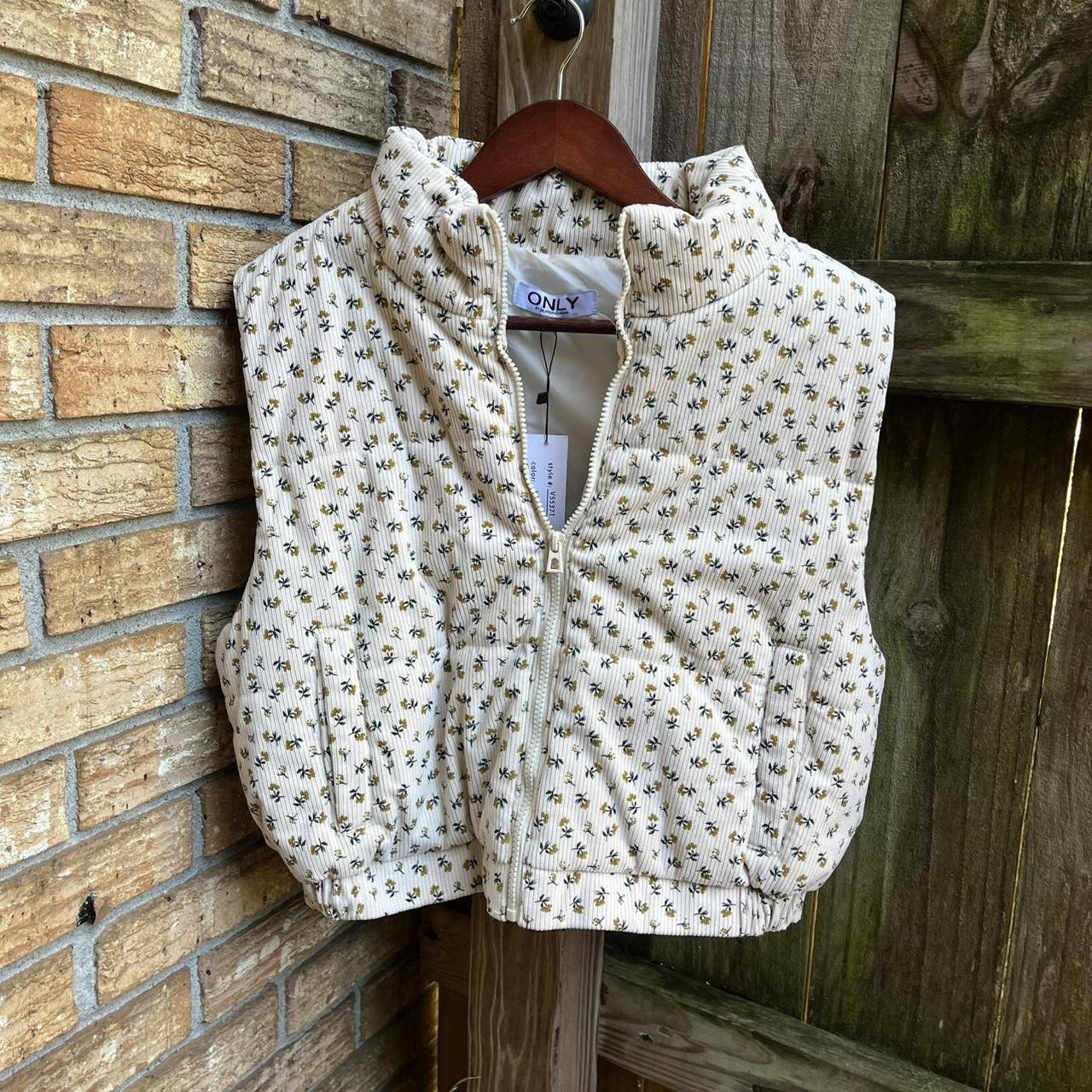 ONLY Cream Quilted Puffer Vest with Yellow Floral... | Depop | Depop US