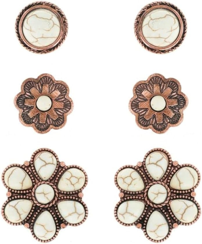 NIVEK Set of 3 White Turquoise Color Stud Earrings Copper Antique Finish Western Boho Flower Roun... | Amazon (US)