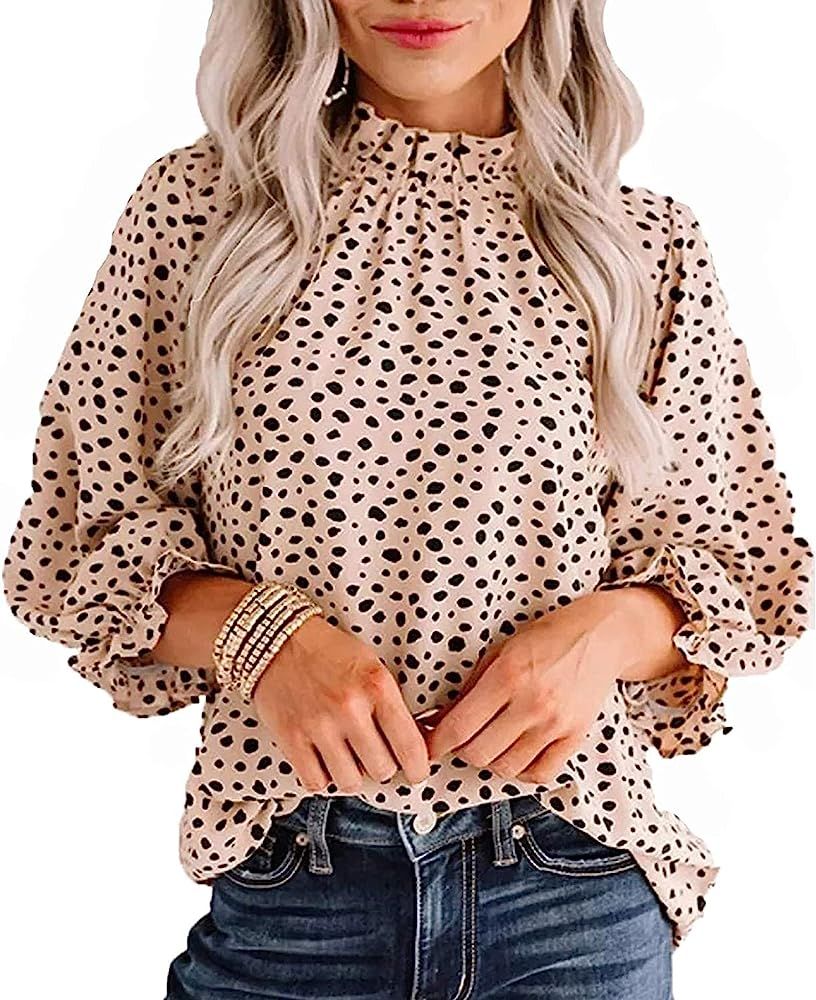 Remidoo Women's Leopard Printed Ruffle Hem Mock Neck Puff Sleeve Blouse Top | Amazon (US)
