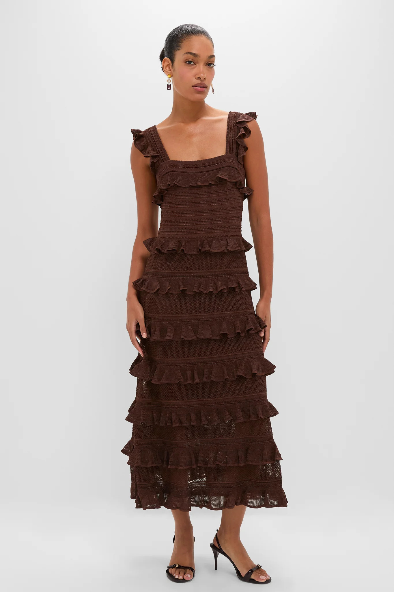 Metallic Chocolate Hypnotic Lace Frill Midi Dress | Tuckernuck (US)