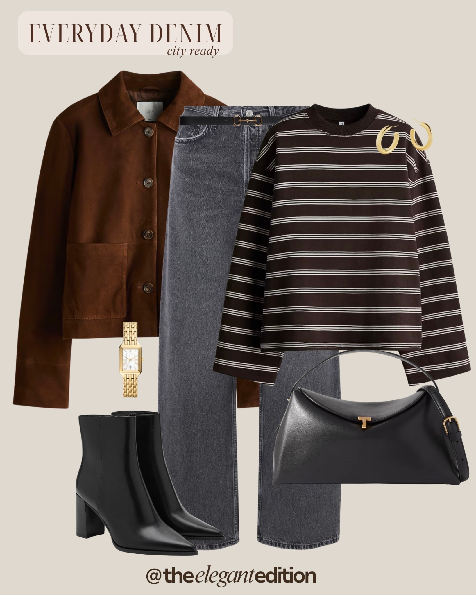 EVERYDAY DENIM CITY READY 🤎🖤
charcoal grey denim straight leg high waist brown suede jacket oversized chocolate brown striped tee long sleeve white stripe black ankle boots leather pointed toe black leather handbag curved shoulder bag gold watch bracelet gold earrings chunky fashion autumn winter casual chic city style elegant basics
#LTKeurope #LTKstyletip #LTKunder100

#LTKjeans #LTKeurope #LTKstyletip