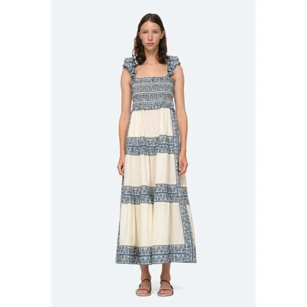 Sea NY M Arlo Print Smocked Blue Ruffle Midi Dress | Poshmark