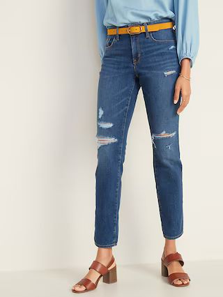 Mid-Rise Distressed Power Slim Straight Jeans for Women | Old Navy (US)