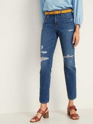 Mid-Rise Distressed Power Slim Straight Jeans for Women | Old Navy (US)