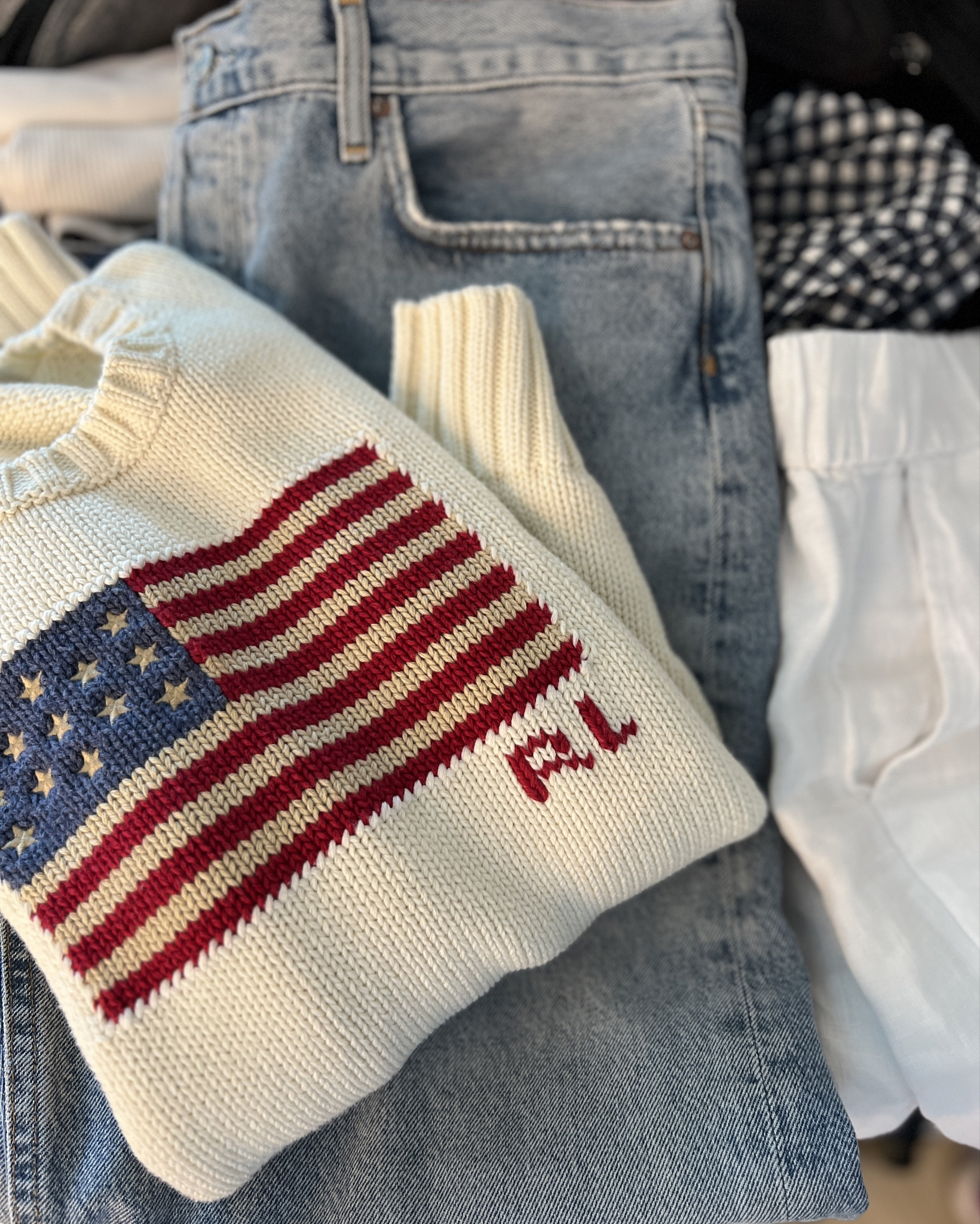 My 4th of July fit check! I know I got my RL flag cable sweater about 5 years ago and it was only $150 then so I’ll keep searching for a better price! These jeans tho…it’s all I want to wear! So comfy! 

#LTKStyleTip #LTKSwim #LTKSummerSales