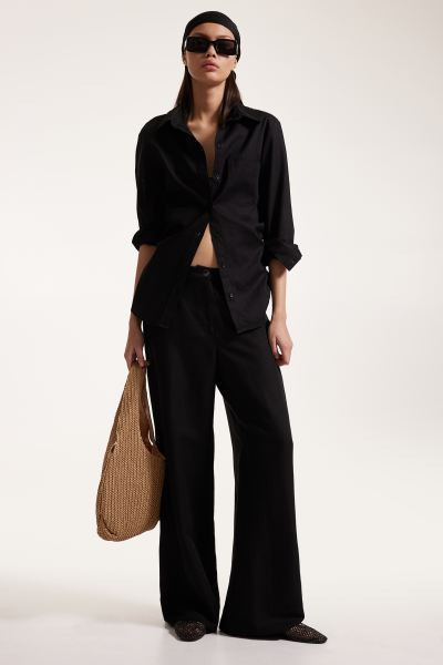 Linen-blend Pants - High waist - Long - Black - Ladies | H&M US | H&M (US + CA)