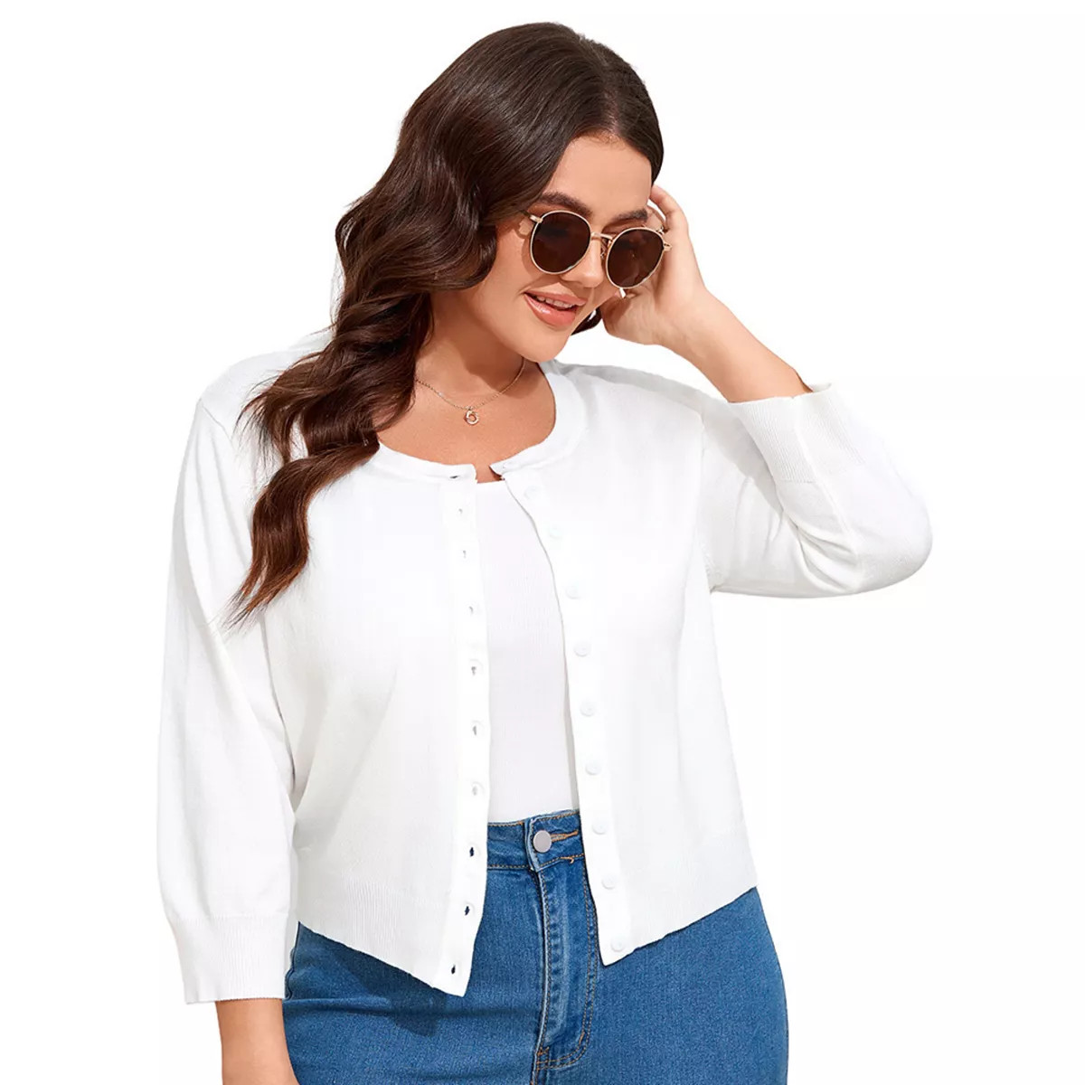 Women Plus Size 3/4 Sleeve Knit Cardigan Lightweight Open Front Button-Up Top | Kohl's