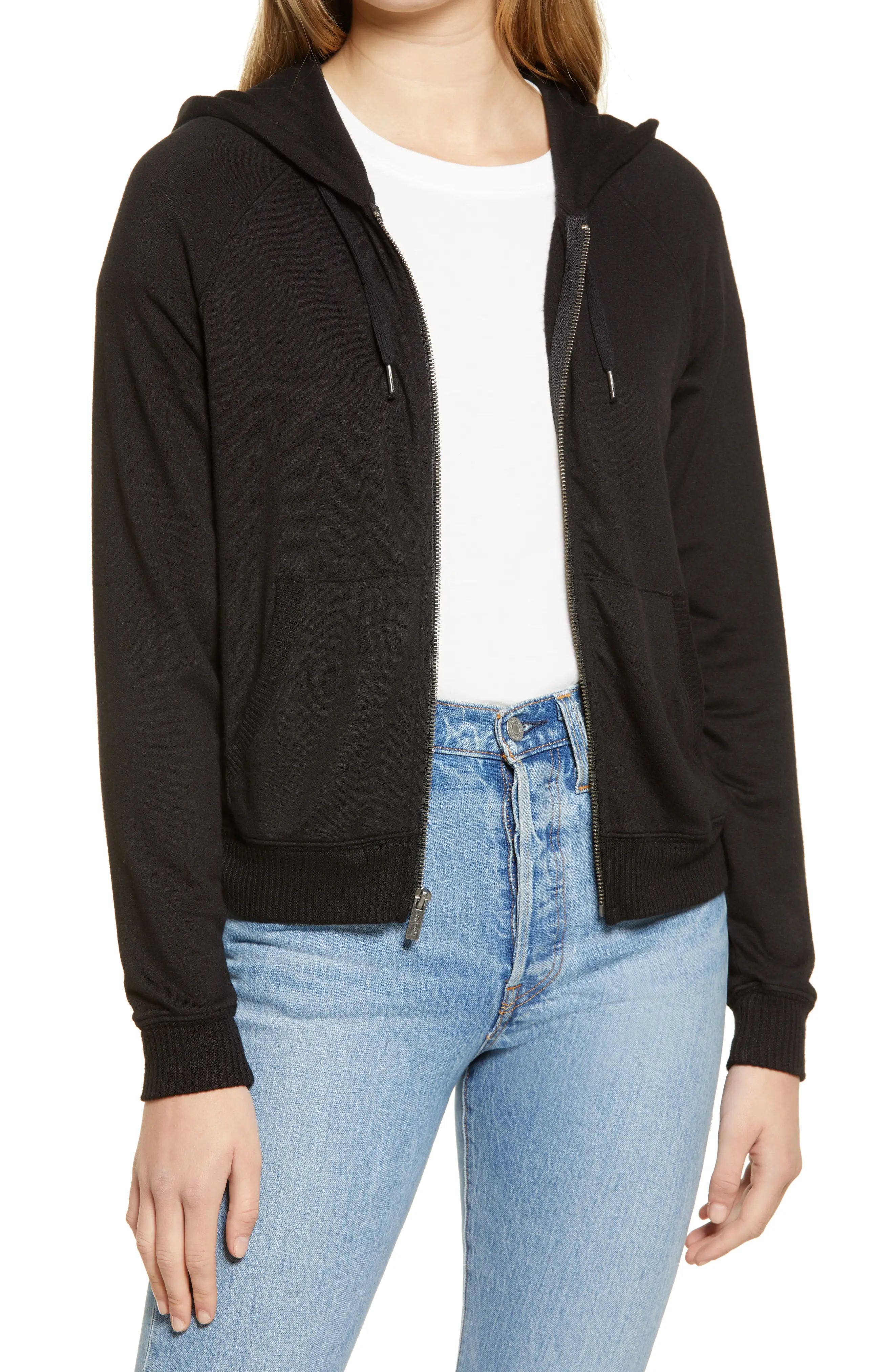 Splendid Zip-Up Hoodie, Size Large in Black at Nordstrom | Nordstrom