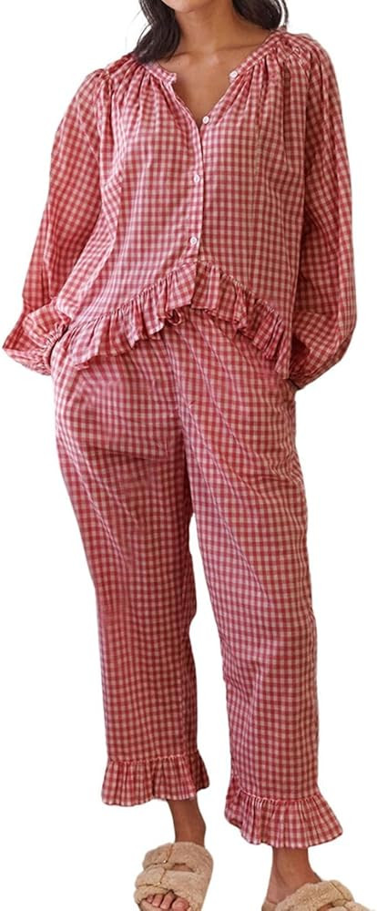 Womens Gingham Pajama Set 2 Piece Long Sleeve Babydoll Shirt and Pants Matching Lounge Set Fall O... | Amazon (US)