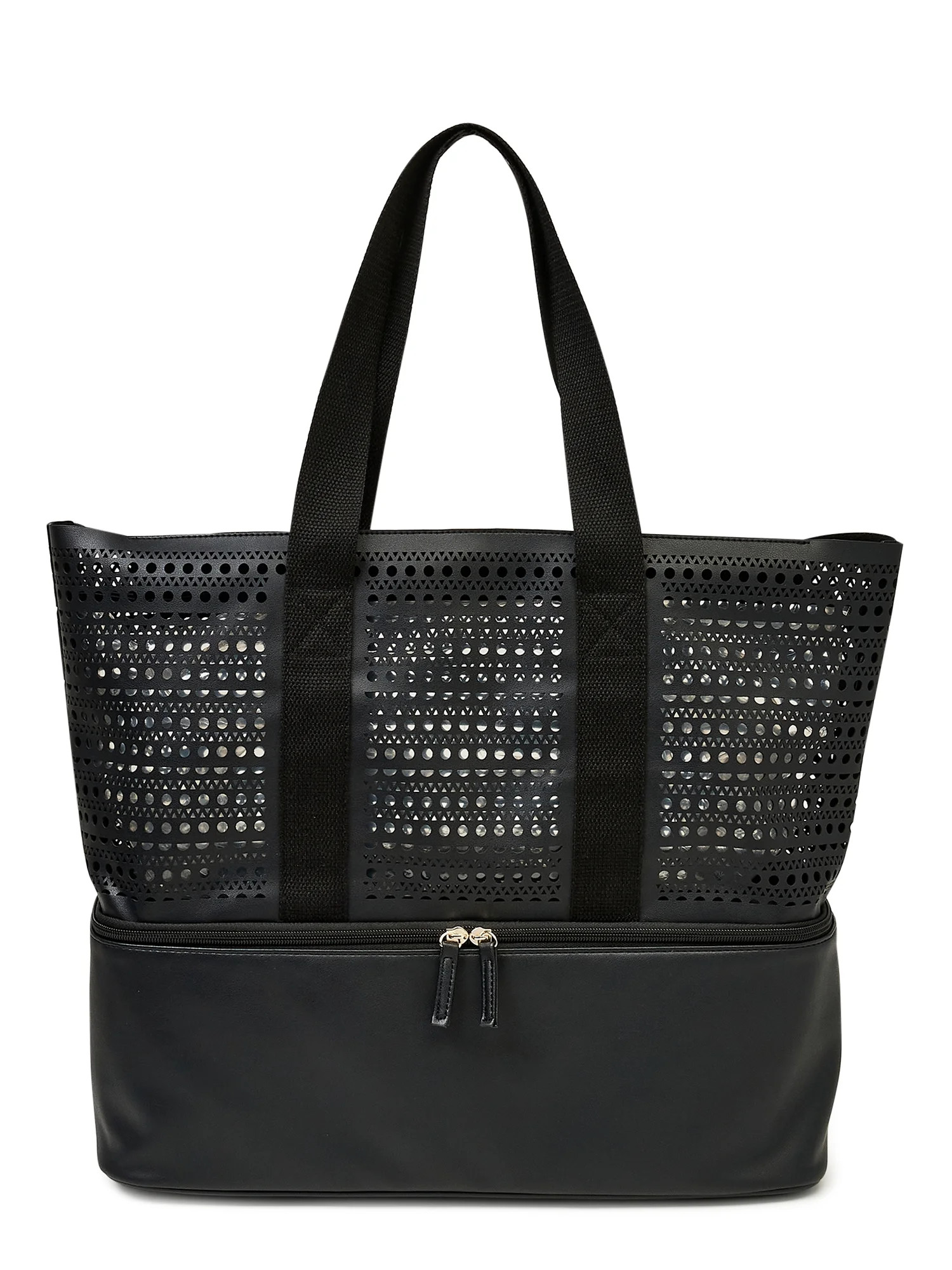 No Boundaries Women’s Zip Bottom Beach Tote Handbag, Black Perforated | Walmart (US)