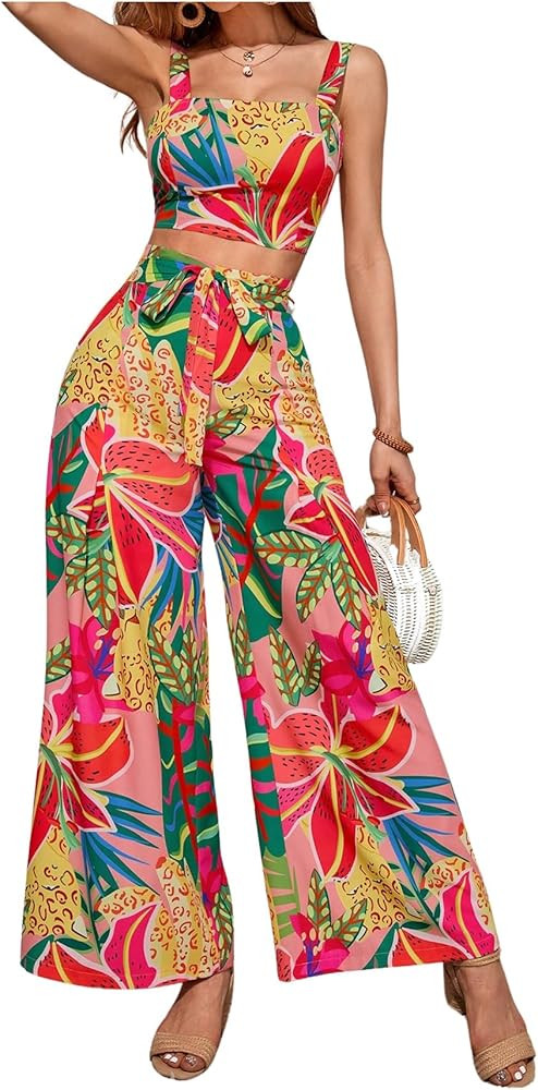 Floerns Women's 2 Piece Boho Floral Print Knot Shoulder Zip Back Crop Cami Top and Maxi Pants Set | Amazon (US)