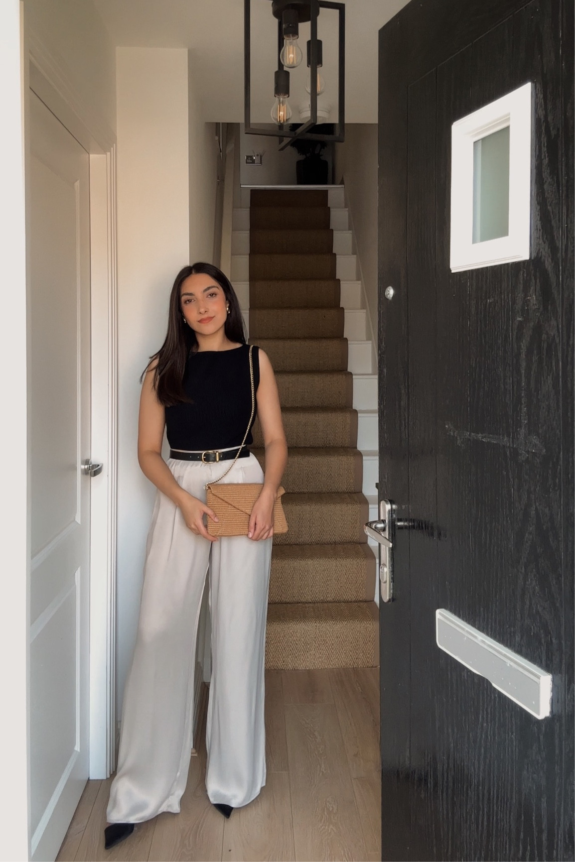 evening outfit, chic dinner outfit, monochrome outfit, black top, boat next sleeveless top, ottoman top, abercrombie, satin trousers, neutral trousers, raffia clutch, coach belt 

#LTKstyletip #LTKeurope #LTKSeasonal