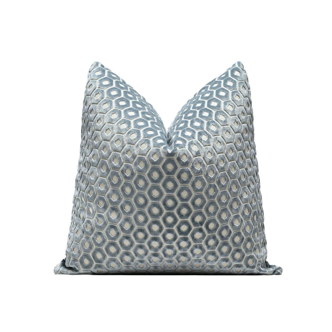 Blue Geometric Cut Velvet| Mineral Blue Pillow Cover| Blue Velvet Designer Throw Pillow Cover 20x... | Etsy (US)