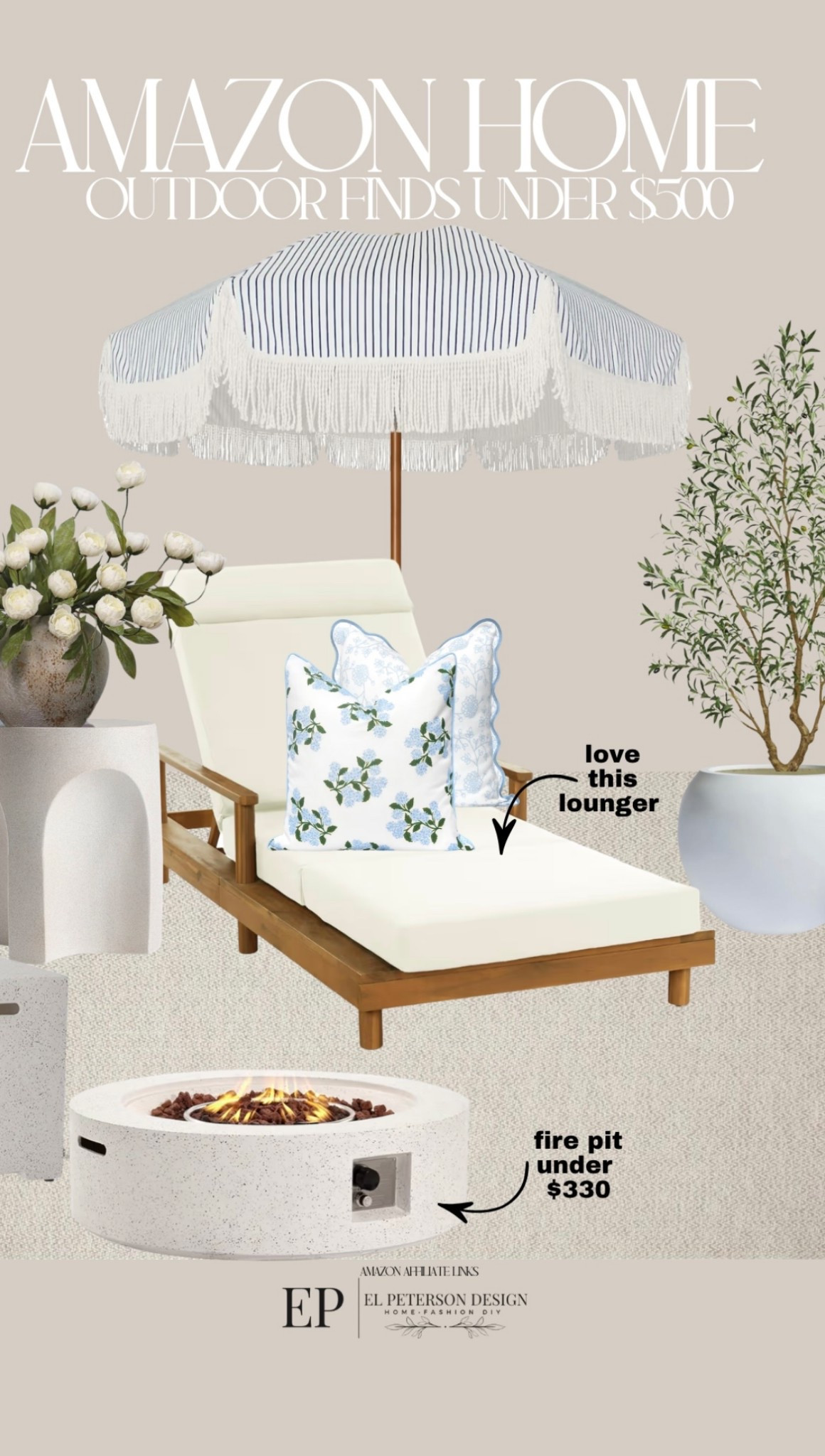 Amazing
Planter 
Faux plant
Lounger
Fire pit
Stems
End table
Umbrella

#LTKHome